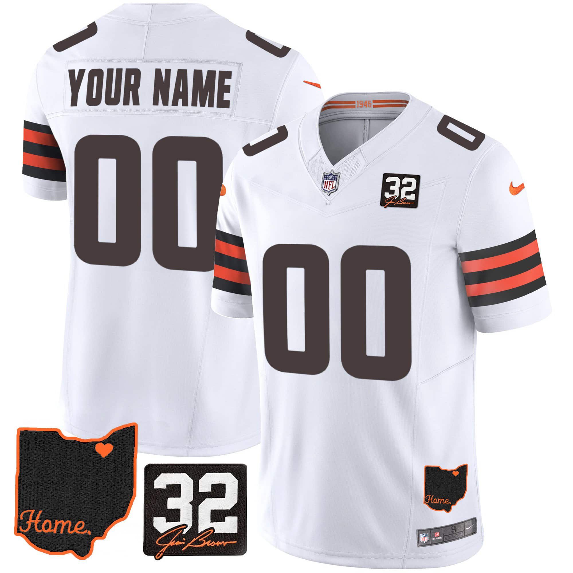 Men Cleveland Browns White #32 Jim Brown Memorial Home Patch Custom 2024 Nike NFL Jersey->customized nfl jersey->Custom Jersey